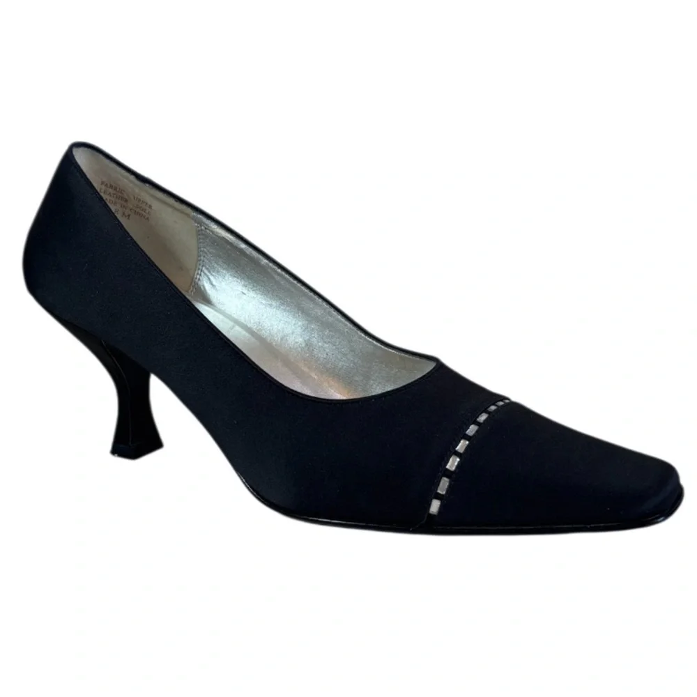 Elegant Pumps Vintage 90s Y2K Rhinestone Pointed Square Heel Black Silver Size 8